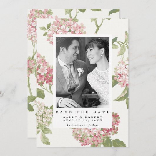 Blush Hortensia Fotobruiloft Bewaar de datumkaart Bedankkaart (Voorkant / Achterkant)