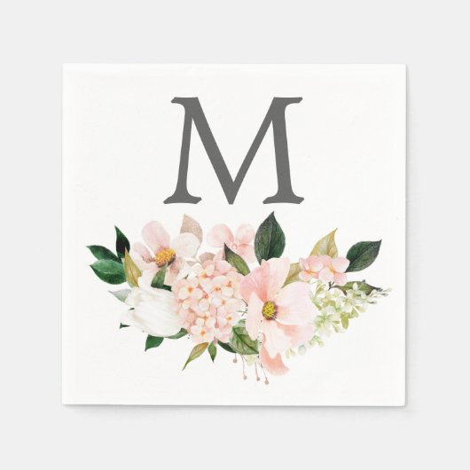 Blush hortensia monogram bruiloft cocktail servet (Voorkant)