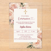 Blush Ivory dusty rose florals cleFirst Communion Acryl Uitnodigingen (Voorkant)