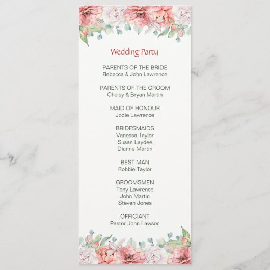 Blush Koraal Waterverf Bloemen Trouwprogramma's Programma (Achterkant)