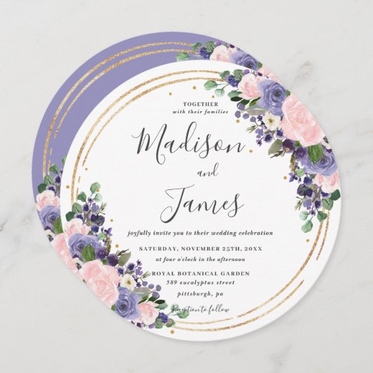 Blush Lavendel Bloemen Bruiloft Gouden Glitter Cir Kaart (Voorkant / Achterkant)