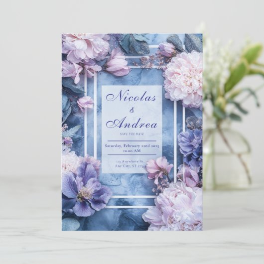 Blush & Lavendel Marmeren Bloemen Huwelijksuitnodi Kaart (Staand voorkant)