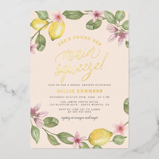Blush | Lemon Wreath Main Squeeze Vrijgezellenfees Folie Uitnodiging (Voorkant)