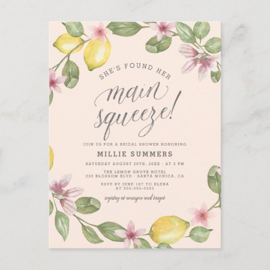 Blush | Lemon Wreath Main Squeeze Vrijgezellenfees Uitnodiging Briefkaart (Voorkant)