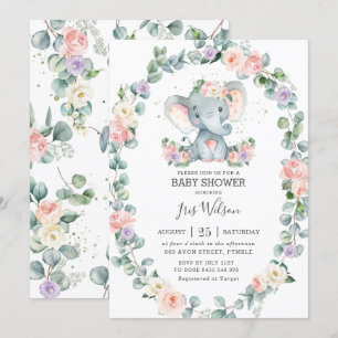 Blush Lila Floral Greenery Elephant Baby shower Kaart
