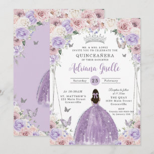 Blush Lila Witte Bloemen Zilver Quinceañera XV 16 Kaart