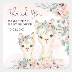 Blush Llama Floral Eucalyptus Baby Girl Vierkante Sticker