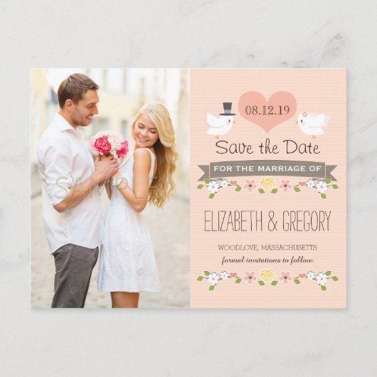 BLUSH LOVE BIRDS DUIF SAVE THE DATE AANKONDIGINGSKAART (Voorkant)