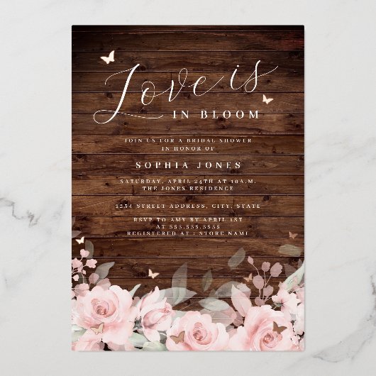 Blush Love is in Bloom Rustic Wood Vrijgezellenfee Folie Uitnodiging (Voorkant)