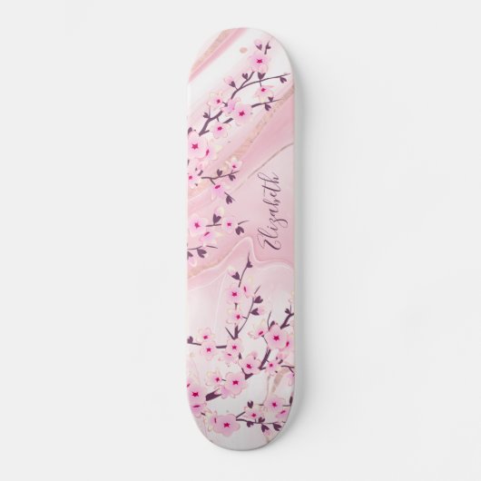 Blush Marble Cherry Blossom Monogram Girly Skateboard (Voorkant)