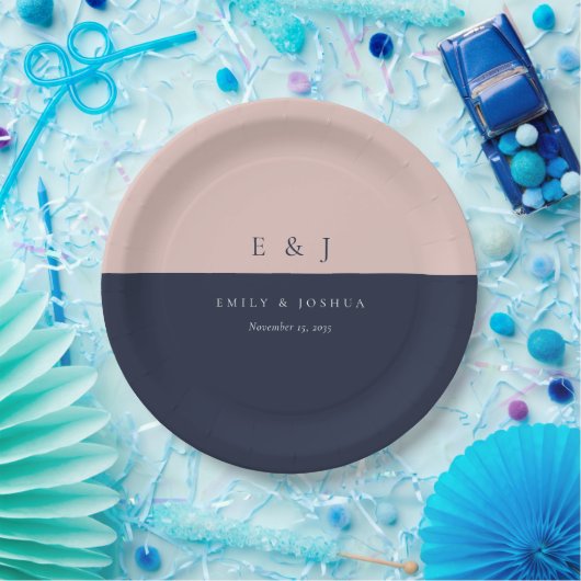 Blush marine blauw moderne bruiloft papieren bordje (Feest)