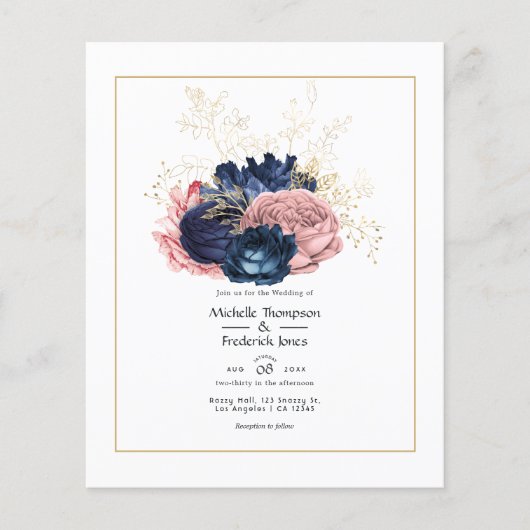 Blush, Marine en Goud Bloemen Bruiloft Uitnodiging Flyer (Voorkant)