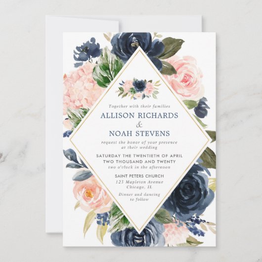 Blush marine en goud moderne bloemen elegant kaart (Voorkant)