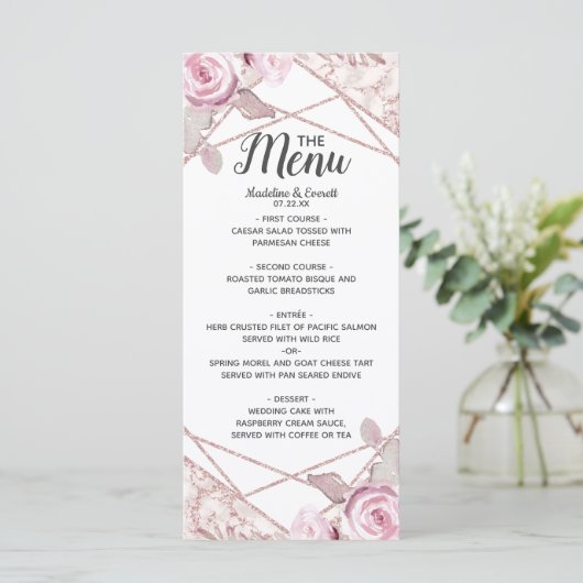 Blush Marmer Geometrisch Lijst Bloemen Bruiloft Me Menu (Staand voorkant)