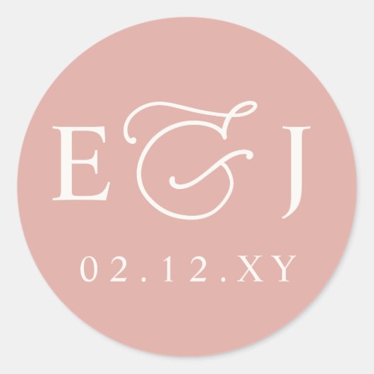 Blush Modern Initialen Monogram Bruiloft Ronde Sticker (Voorkant)
