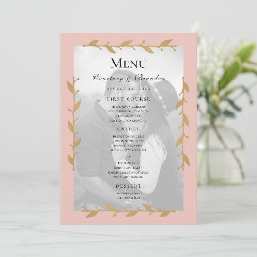 Blush Modern Photo Gold Feuille Mariage Menu (Debout devant)