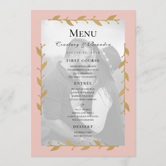 Blush Modern Photo Gold Feuille Mariage Menu (Devant)