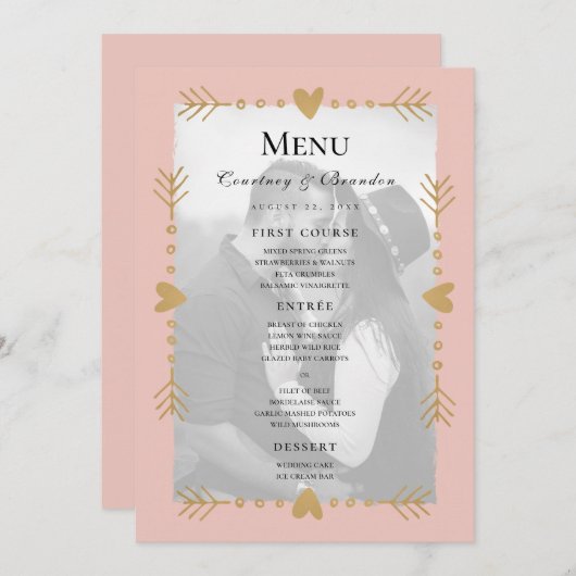 Blush Modern Photo Gold Hearts Menu Mariage (Devant / Derrière)