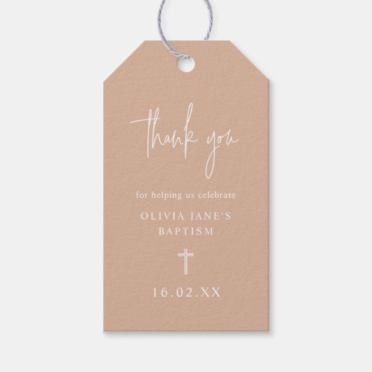 Blush Modern Script Minimalist Baptisme Hartelijk Cadeaulabel (Voorkant)