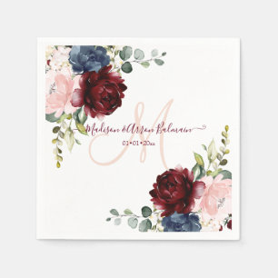 Blush Monogram, Bourgogne Blauwe Bloemen Waterverf Servet