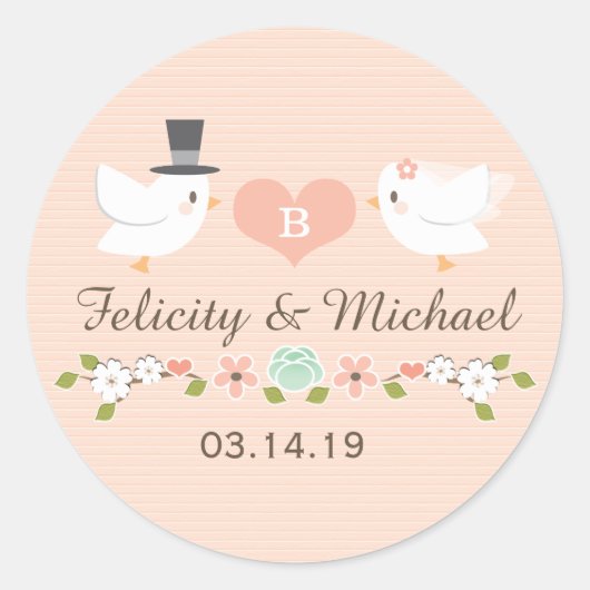 BLUSH MONOGRAMMED DUIF TORTELDUIFJES BRUILOFT RONDE STICKER (Voorkant)