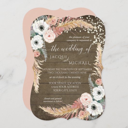 Blush n White Pampas Grass Floral Twinkle Lights Kaart (Voorkant / Achterkant)