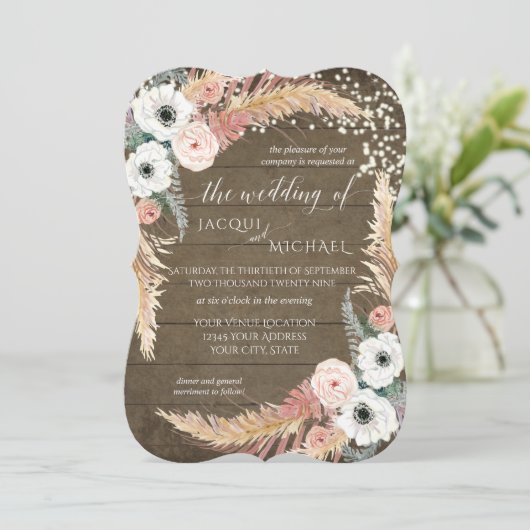 Blush n White Pampas Grass Floral Twinkle Lights Kaart (Staand voorkant)