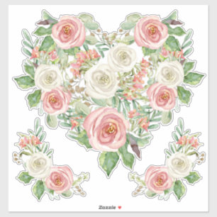 Blush n White Rose Waterverf Floral Heart Design Sticker