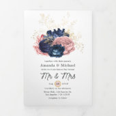 Blush, Navy and Gold Floral Wedding Drieluik Uitnodiging (Cover)
