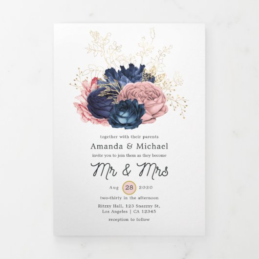 Blush, Navy and Gold Floral Wedding Drieluik Uitnodiging (Cover)