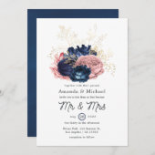Blush, Navy and Gold Floral Wedding Kaart (Voorkant / Achterkant)