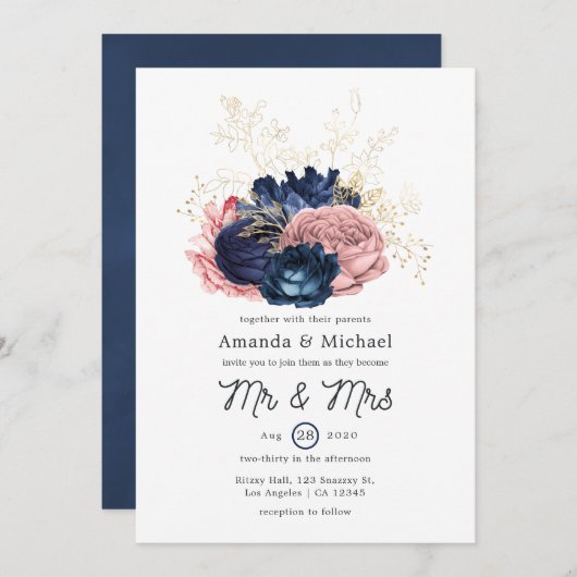 Blush, Navy and Gold Floral Wedding Kaart (Voorkant / Achterkant)