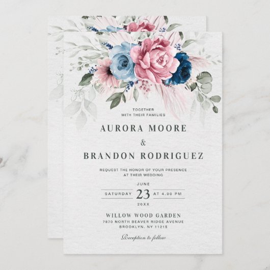 Blush Navy Blauw Zachte Pastel Roze Bloemen Huweli Kaart (Voorkant / Achterkant)