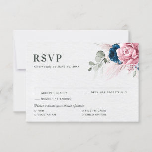 Blush Navy Blauw Zachte Pastel Roze Bloemen Huweli RSVP Kaartje