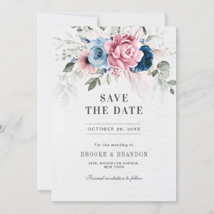 Blush Navy Blauw Zachte Pastel Roze Bloemen Huweli Save The Date