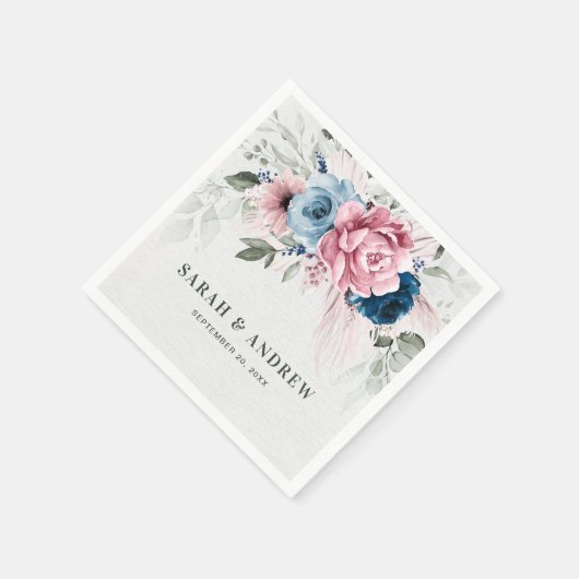 Blush Navy Blauw Zachte Pastel Roze Bloemen Huweli Servet (Hoek)