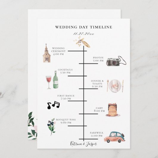 Blush Navy Bloemen Geïllustreerde Trouwtijdlijn Programma (Voorkant / Achterkant)
