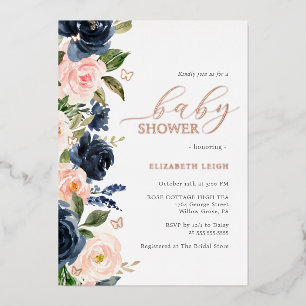 Blush Navy Bloemen Vlinder Baby Shower Folie Uitnodiging