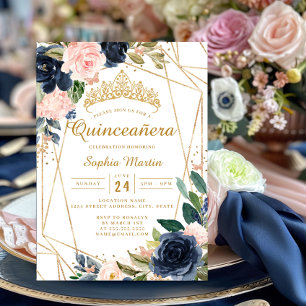 Blush Navy Bloemenvlinder Geometrische Quinceanera Kaart