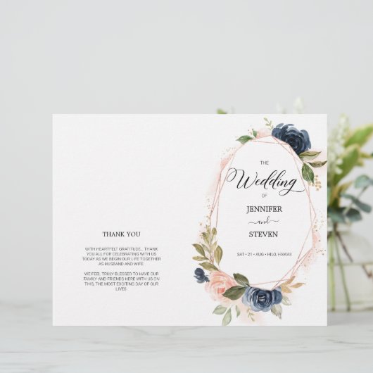 Blush Navy Blossom Floral Folded Wedding Program (Staand voorkant)