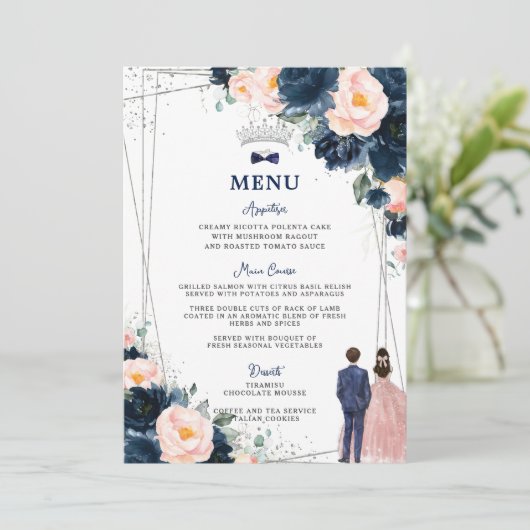 Blush Navy Blue Floral Twins Quinceañera Menu (Debout devant)