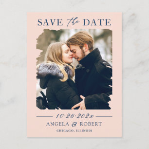 Blush Navy Brush Stroke Photo Lijst Save the Date Briefkaart