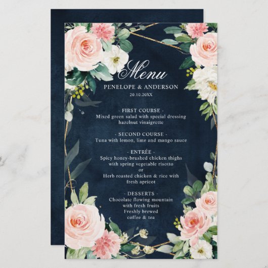 Blush Navy Dusty Blue Botanical Wedding Menu (Voorkant / Achterkant)