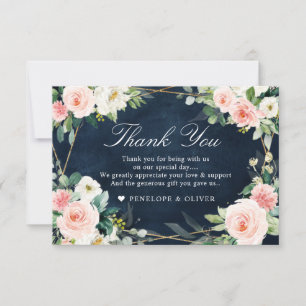 Blush Navy Dusty Blue Floral Botanical Weddenschap Bedankkaart