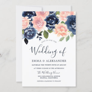 Blush & Navy Elegant Flowers Wedding Kaart