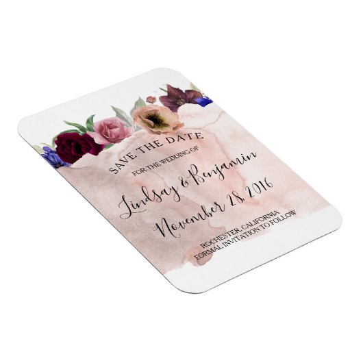 Blush Navy en Bourgondië Floral Save the Date Magneet (Rechterzijde)