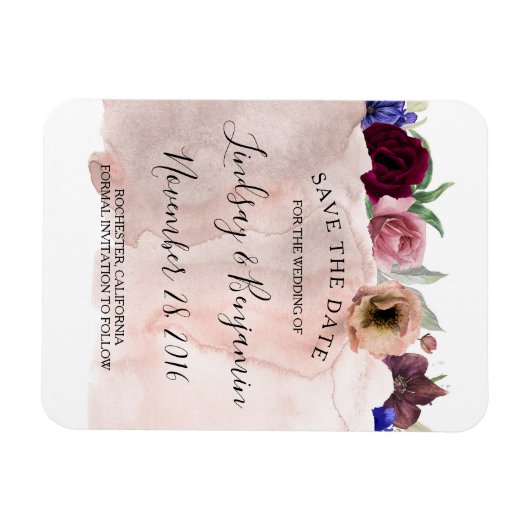 Blush Navy en Bourgondië Floral Save the Date Magneet (Horizontaal)