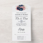 Blush, Navy en Gouden Bloemige Bruiloft All In One Uitnodiging (Binnen)