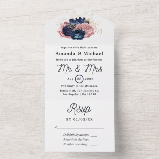 Blush, Navy en Gouden Bloemige Bruiloft All In One Uitnodiging (Binnen)
