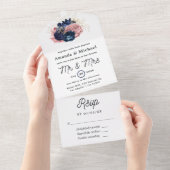 Blush, Navy en Gouden Bloemige Trouwdag All In One Uitnodiging (Afscheurbaar)